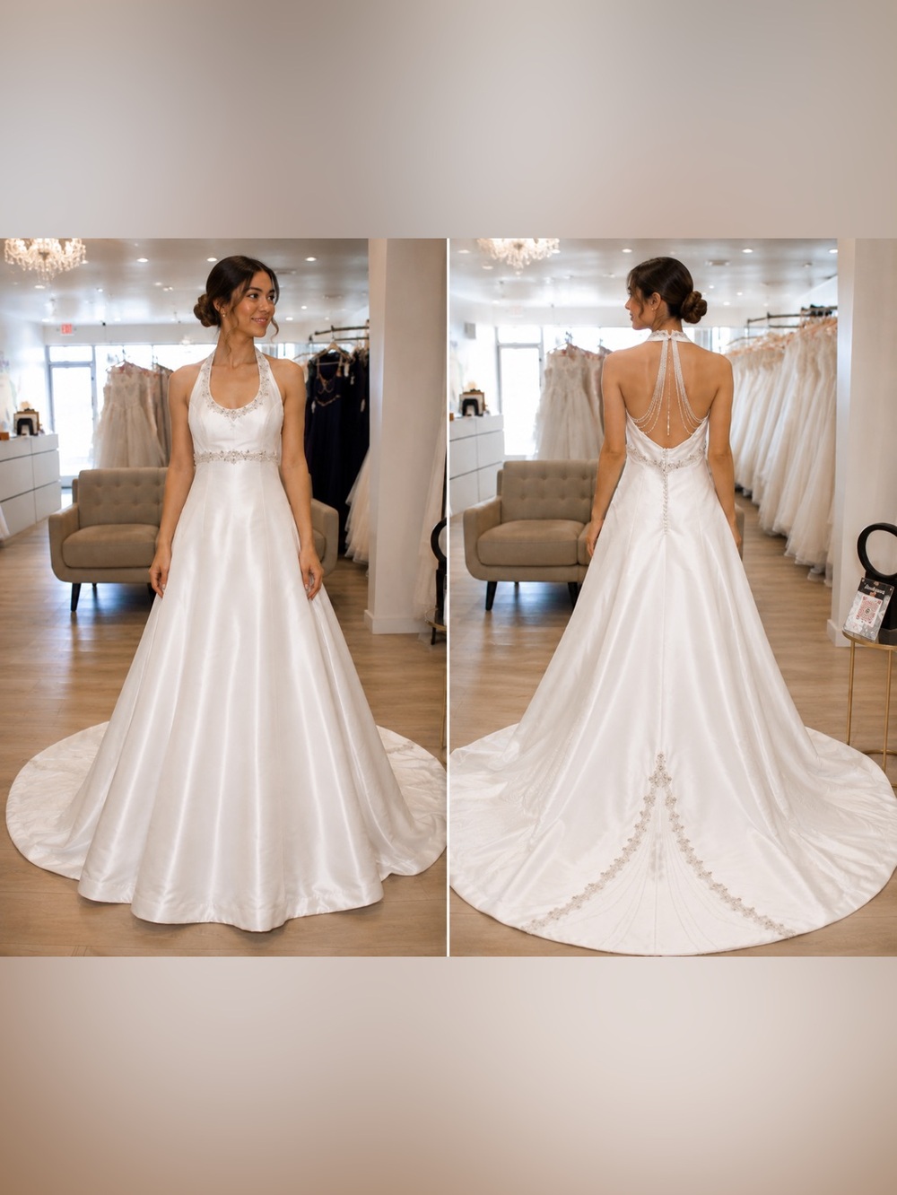 Vintage Signature White Satin Halter Wedding Gown with Beaded Back Detail “E7”